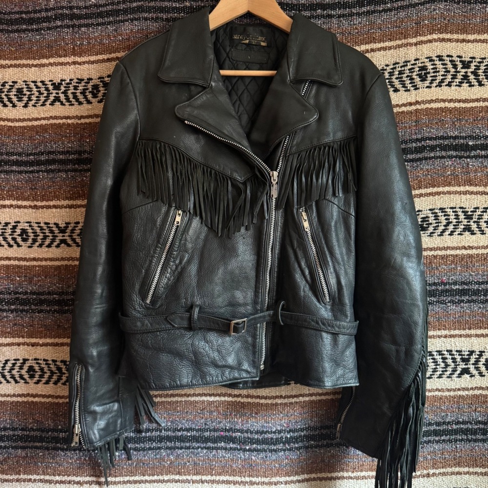 Harley Davidson Leather Fringe Jacket M Black Biker Moto American Cowhide Vtg